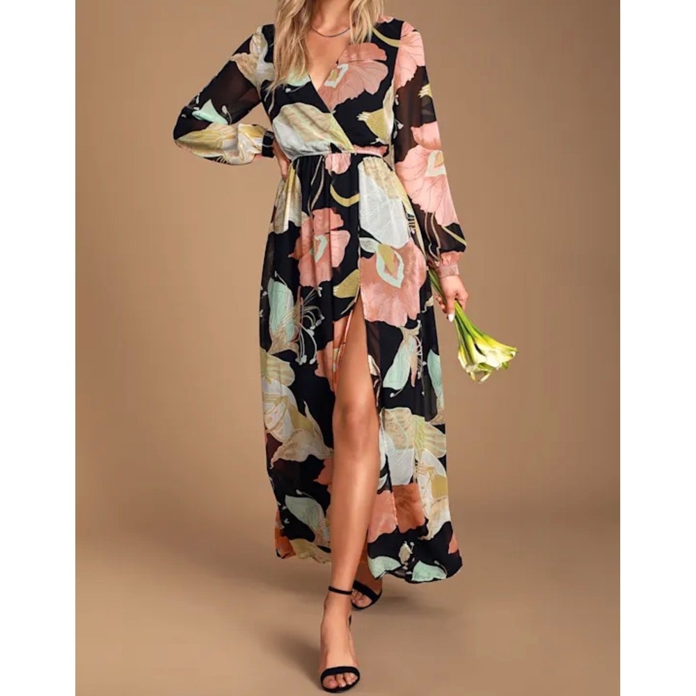 Lulus Wondrous Water Lilies Black Floral Print Maxi Dress Long Sleeve Slit M NEW